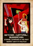 black_hair blonde_hair blue_eyes catgirl character:alunya character:rodina character:rodina_(getchan) comrade flag hammer_and_sickle identity_politics left_unity pioneer poster propaganda raised_fist red_eyes red_star salute site:get site:leftypol site:bunkerchan site:getchan star unity // 1500x2125 // 4.5MB
