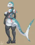 anthro ass breasts collar female furry hammer_and_sickle large_breasts lewd lingerie scalie shark tattoo yellow_eyes // 695x900 // 254KB