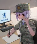 anime china chinese_text computer female hat monitor paper pen peoples_liberation_army phone red_eyes uniform // 6417x7588 // 12MB