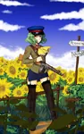 anime flower green_hair gun peaked_cap red_army red_eyes soldier soviet_union sunflower touhou uniform weapon // 900x1440 // 1.7MB