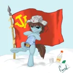 1:1_aspect_ratio alcohol anthro blue_eyes brown_hair dance equine flag food hammer_and_sickle kazotsky_kick my_little_pony pickle pony red_flag stubble telnyashka ushanka vodka // 1000x1000 // 438KB