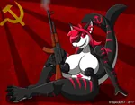 anthro breasts furry futanari gun hammer_and_sickle kalashnikov large_breasts lewd piercing red_eyes red_hair rifle shark tattoo weapon // 1280x1000 // 217KB