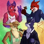 1:1_aspect_ratio anthro apron blue_eyes canine christianity dog feline fox furry green_eyes peace_sign political_compass purple_eyes rabbit vulpine yellow_eyes // 960x960 // 1.1MB