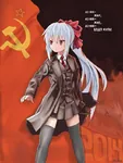 anime blue_hair female flag hair_bow hammer_and_sickle red_eyes red_flag russian_text thigh_highs vladimir_lenin // 600x799 // 126KB