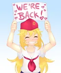 blonde_hair cap character:rodina character:rodina_(getchan) happy heart meta:highres pioneer sign site:get site:getchan we're_back // 1602x1920 // 1.0MB