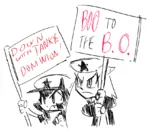 artist:ppdppl black_hair board_owner catgirl censorship character:alunya character:political_ideology_catgirls character:rodina character:rodina_(picg) moderation protest sign site:leftypol // 853x761 // 153KB