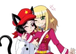 black_hair blonde_hair catgirl character:alunya character:grace green_eyes hat hug meta:transparent_background monarchism monarcho_socialism red_eyes scarf site:leftypol star yuri // 1140x806 // 647KB