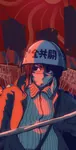 anime art building female helmet japan japanese_text mask red red_background riot sanrizuka sign zengakuren // 1135x2235 // 539KB