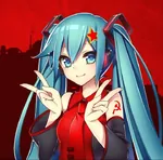 anime blue_eyes blue_hair female hammer_and_sickle miku peace_sign red_star // 720x712 // 182KB