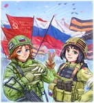 anime art artist:tr0yka black_hair brown_hair countryballs female flag gun helmet kalashnikov peace_sign red_flag russia russian_federation soldier ukraine_war uniform weapon z // 2287x2512 // 6.0MB