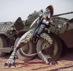 anthro armored_fighting_vehicle battle brown_hair btr btr-80 dinosaur gun hammer_and_sickle handgun helmet kalashnikov knife machine_gun pistol raptor reptile rifle scalie soldier soviet_union tank_helmet therapod weapon yellow_eyes // 1200x1175 // 1.8MB