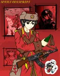 anime bear black_hair brown_eyes command_and_conquer game gun hammer_and_sickle kalashnikov knife molotov_cocktail pistol polar_bear poster red_alert red_star rifle ushanka weapon // 900x1135 // 165KB