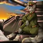 1:1_aspect_ratio anthro armored_fighting_vehicle feline furry green_eyes hammer_and_sickle peaked_cap red_star star sunset tank // 1200x1200 // 1.9MB