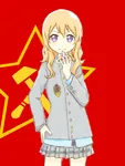 anime blonde_hair hammer_and_sickle kaori purple_eyes red_star smug star // 450x600 // 158KB