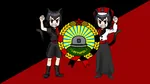 black_hair catgirl character:alunya flag hat raised_fist red_eyes scarf site:leftypol star symbol // 1920x1080 // 393KB