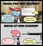 artist:happyroadkill censorship comic comparison donald_trump fascism free_speech gun hard_hat helmet impact_font january_6th left_wing m-16 meta:edit nazi reactionary revolution rifle site:twitter tweet united_states weapon // 1092x1149 // 167KB