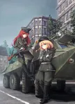 anime armored_fighting_vehicle blonde_hair blue_eyes btr btr-70 german_democratic_republic germany gun kalashnikov knife machine machine_gun nationale_volksarmee peaked_cap red_eyes red_hair rifle weapon // 850x1182 // 1.1MB