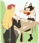 black_hair blonde_hair burger burger_malfunction catgirl character:alunya character:rodina character:rodina_(picg) food fork hat scarf // 1866x2078 // 1.1MB