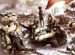 anime armored_fighting_vehicle berlin blonde_hair brown_eyes brown_hair cannon fascism flag germany gun hammer_and_sickle nazi nazi_germany red_army red_flag red_star rifle self_propelled_artillery snow soldier soviet_union star su-100 tank_destroyer uniform ushanka war weapon world_war_ii // 1346x1000 // 230KB