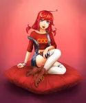 anime blue_eyes bracelet candy chocolate everlasting_summer game hairclip heart heart_eyes meta:highres red_hair site:ussr soviet_union ulyana video_game // 2808x3371 // 3.5MB