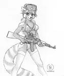 anthro bikini furry gun hammer_and_sickle kalashnikov red_panda red_star rifle scope star swim_suit tanuki ushanka weapon // 674x800 // 101KB