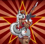 akita_stromfield alcohol amber_eyes anthro bayonet braid canine dog furry gun hammer_and_sickle heterochromia husky kalashnikov knife lewd medic peaked_cap red_cross red_star rifle scope star vodka weapon white_hair // 1280x1233 // 743KB