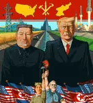 artist:hindsart donald_trump flag hat juche kim_jong_un maga rocket ryugyong_hotel suit united_states wheat // 2000x2200 // 3.1MB