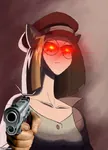 catgirl character:leninism_catgirl character:political_ideology_catgirls ginger_hair glasses glowing_eyes gun handgun pistol vlada_golovina weapon // 500x693 // 85KB