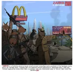 anthro armored_fighting_vehicle artist:alphaleone billboard bmp bmp-3 canine cannon fanfiction furry gazelle goggles gun helmet kalashnikov mcdonalds parody red_dawn red_star rifle star tank_helmet ushanka vulpine weapon yellow_eyes zarya zootopia // 1200x1156 // 360KB