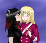 black_hair blonde_hair blush catgirl character:alunya character:grace green_eyes kiss monarchism monarcho_socialism scarf site:leftypol yuri // 1280x1207 // 155KB