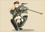 anime armored_fighting_vehicle blonde_hair blue_eyes cannon dshk_machine_gun gun is-2 machine_gun mecha_musume peaked_cap red_star star tank uniform weapon // 1024x724 // 692KB