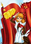 anime asuka auburn_hair flag gendo_ikari hammer_and_sickle joseph_stalin neon_genesis_evangelion pioneer red_flag soviet_union vladimir_lenin // 800x1148 // 237KB